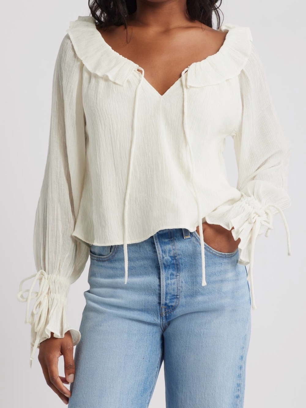 Topshop Ruffle Neck Femme Top in Ivory